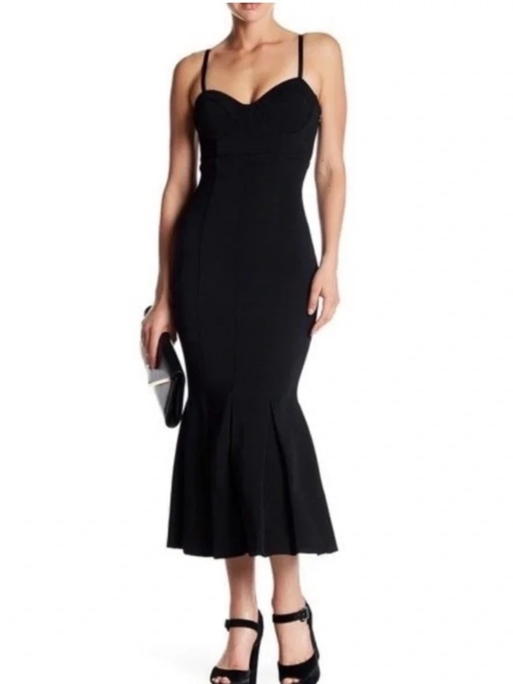 cinq a sept Black Fitted Mermaid Midi Dress Spaghetti Straps Size 6 Cocktail